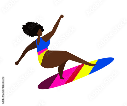 Young woman surfer riding a surfboard. Cartoon. Vector illustration.