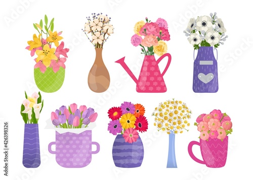 Flower bouquet set, vector illustration. Spring floral decoration, beautiful nature plant in vase, isolated on white collection.