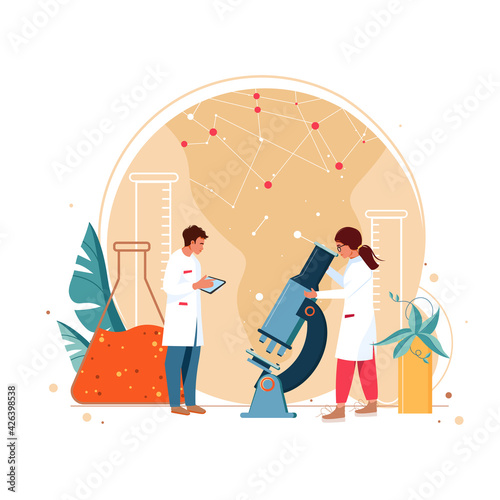 People in laboratory abstract vector illustration. Medical research. Coronavirus vaccination. Immunization of diseases, viruses prevention. Gene manipulation, genetic research, genetic engineering.