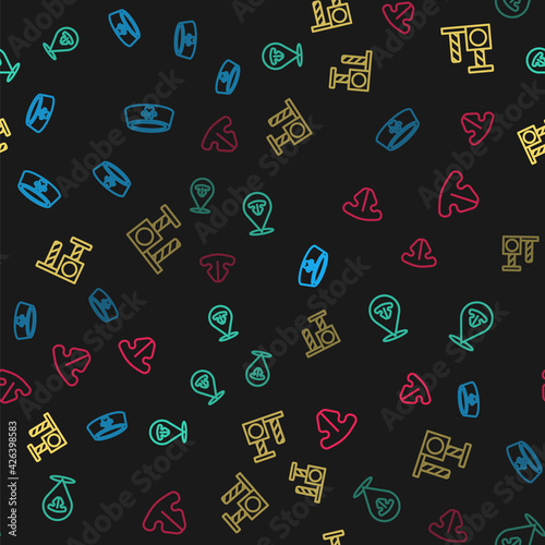 Set line Pet food bowl, Cat nose, scratching post and on seamless pattern. Vector