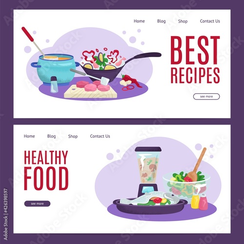 Cooking healthy food with best recipes, landing banner set, vector illustrati...