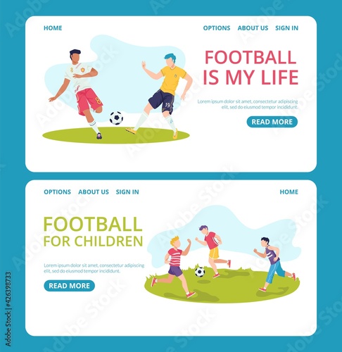 Football competition, soccer sport, web page design set, vector illustration. Team player people character play game, activity with ball