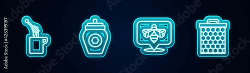 Set line Honey dipper stick with honey, Jar of, Bee and Honeycomb. Glowing neon icon. Vector