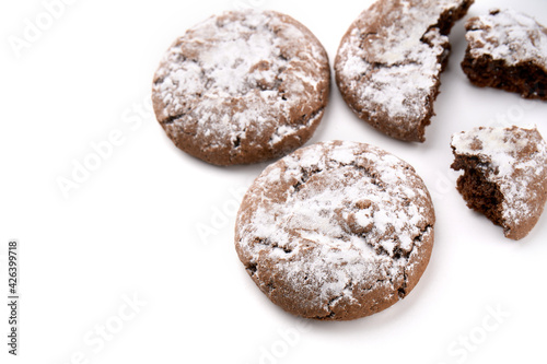 Homemade chocolate cookies on white background. Dessert.