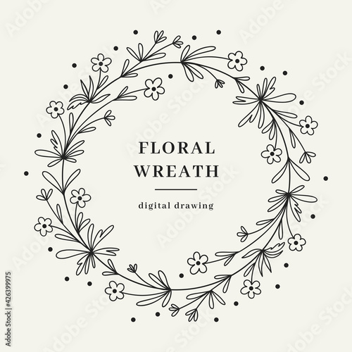 Wildflower floral wreath, Hand-drawn wildflower branch, Circle monogram. Vector illustration