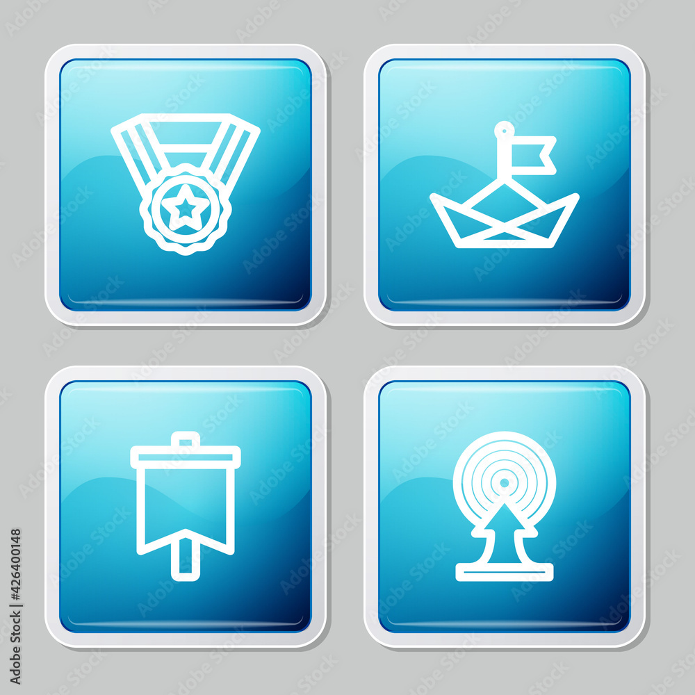 Set line Medal, Folded paper boat, Flag and Target with arrow icon. Vector Set line Medal, Folded paper boat, Flag and Target with arrow icon. Vector