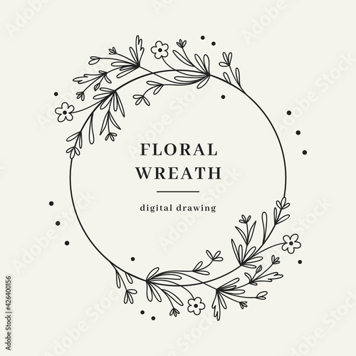 Wildflower circle monogram, Hand-drawn wild flower floral wreath, Vector Floral frame