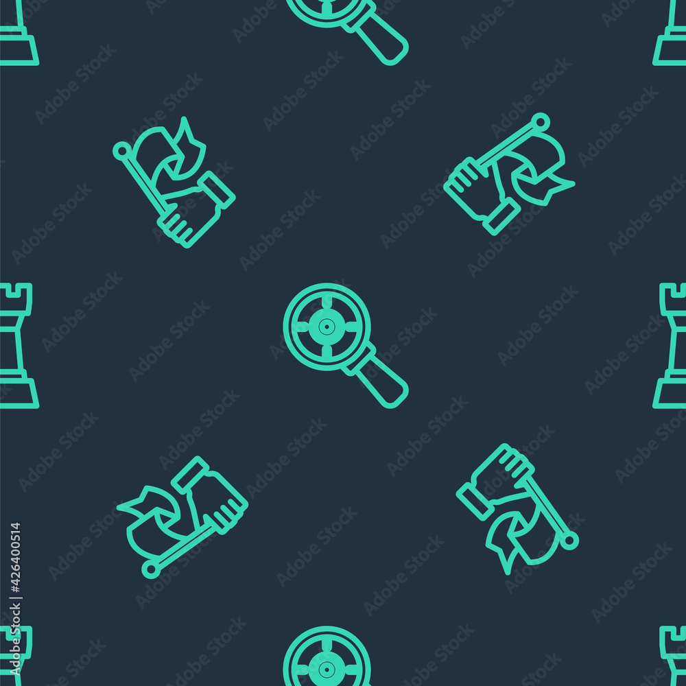 Set line Target with magnifying glass, Hand holding flag and Chess on seamless pattern. Vector Set line Target with magnifying glass, Hand holding flag and Chess on seamless pattern. Vector