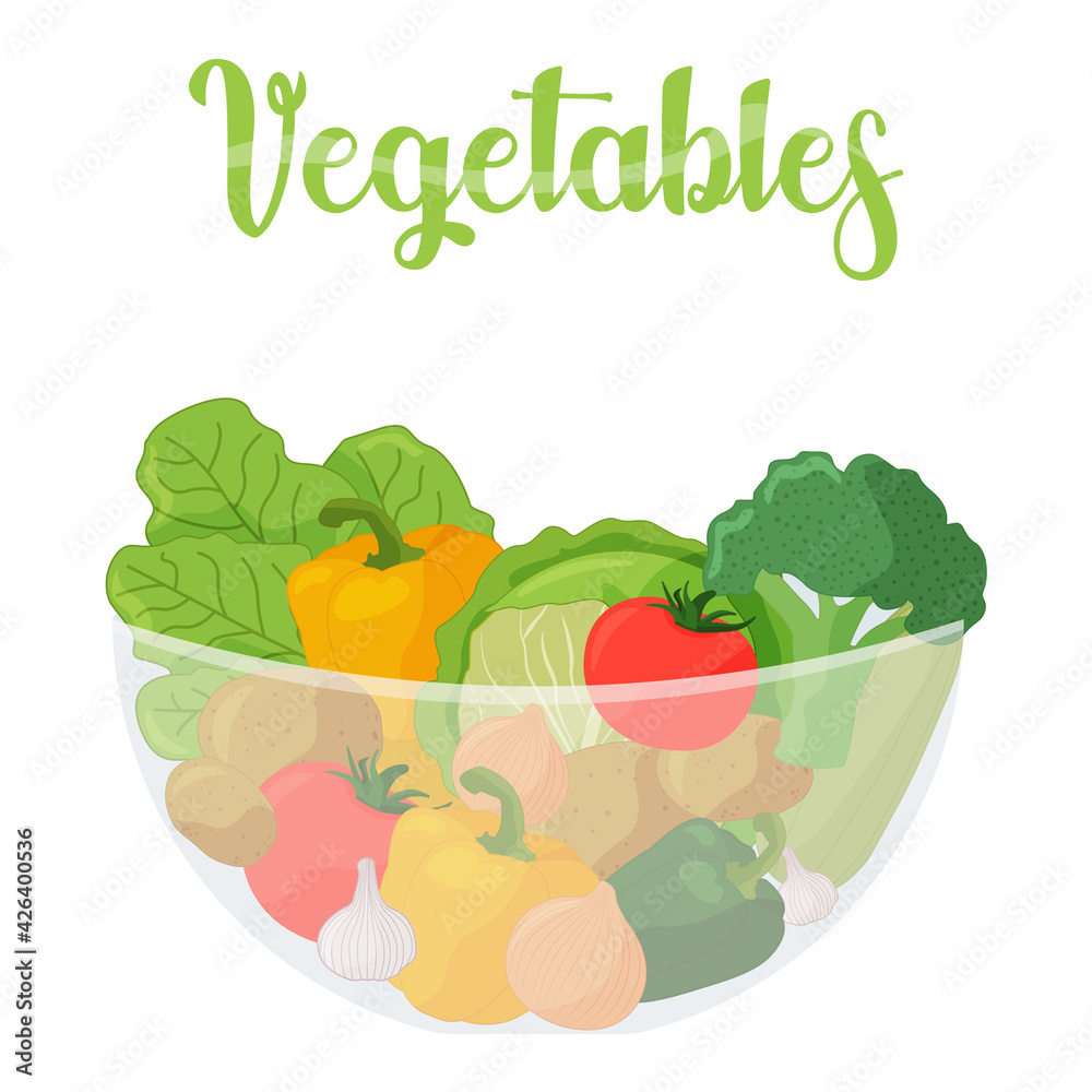 Vegetables in a transparent bowl. Cartoon vector illustration on a white background