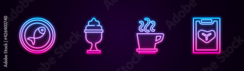Set line Served fish on a plate, Ice cream in bowl, Coffee cup and Restaurant cafe menu. Glowing neon icon. Vector