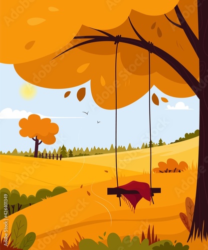 Beautiful landscape. Rural landscape panorama. Cartoon style. Banner. Autumn season in a city park or forest.Vector illustration.