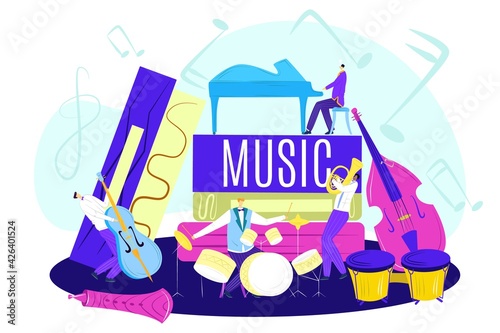 Music class concept, vector illustration. Cartoon education, study how to play musical instrument, learning at creative school class.