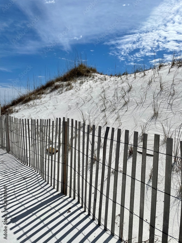 Fototapeta premium White sand dunes and fence at Norriego Point Florida