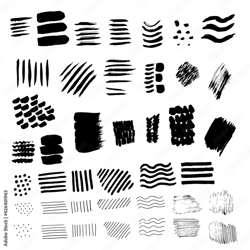 Illustration of Set of Vector Brush Strokes and Stains of Hand Drawn Black of Various Sizes and Shapes on White Background. Illustration of Set of Vector Brush Strokes and Stains of Hand Drawn Black of Various Sizes and Shapes on White Background.
