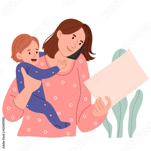 Young mother with baby in her arms working and talking on the phone.Modern woman.Working from home.