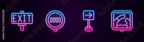 Set line Fire exit, Pedestrian crosswalk, Traffic sign turn right and Drawbridge ahead. Glowing neon icon. Vector