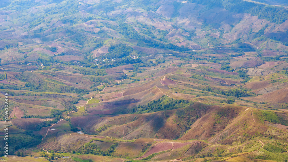 Landscape of mountain hill valley village in the forest in Thailand, Asia.