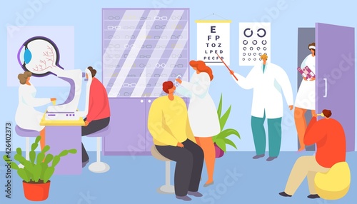 Medical ophthalmology care about patient eyes, vector illustration. Ophthalmologist doctor character test man woman vision in hospital.