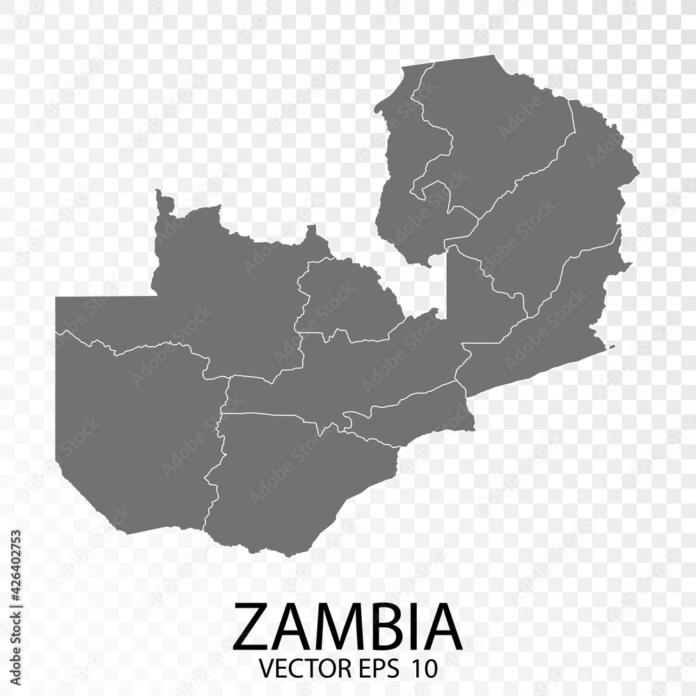 Transparent - High Detailed Grey Map of Zambia. Vector Eps 10.