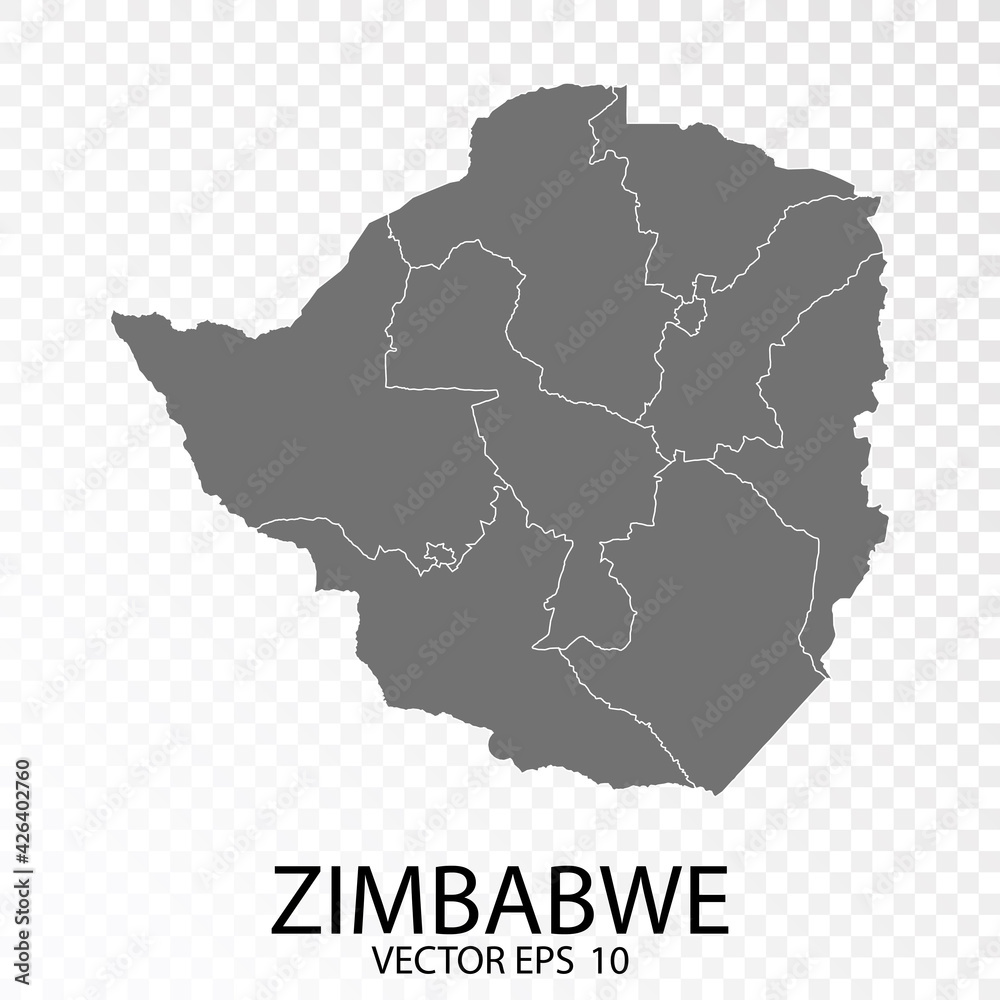 Transparent - High Detailed Grey Map of Zimbabwe. Vector Eps 10.