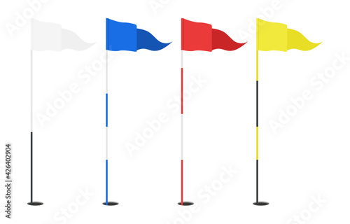 Set of golf flags - white, blue, red, yellow. Triangular flag in the hole. Golf equipment or accessory. Template design for sport competition, banner. Vector illustration