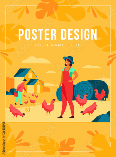 Farmers working on chicken farm isolated flat vector illustration. Cartoon woman and man breeding poultry. Agriculture and domestic birds production concept
