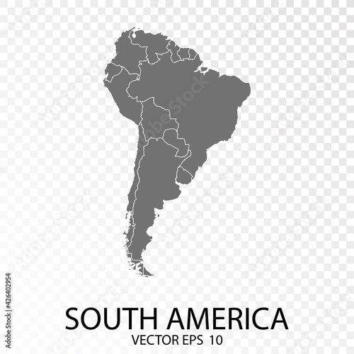 Transparent - High Detailed Grey Map of South America. Vector Eps 10.
