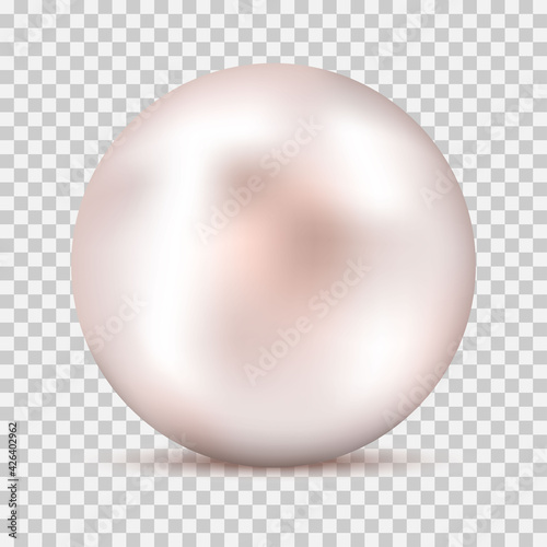 Realistic white pink pearl with shadow isolated on transparent background. Shiny oyster pearl for luxury accessories. Sphere shiny sea pearl. Template design for jewerly store or website. Vector