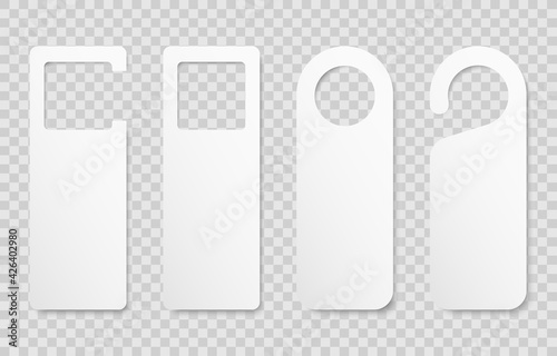 Set of realistic blank private door tag isolated on transparent background. Plastic paper door handle lock hangers. Do Not Disturb. Template design for room in hotel, hostel, resort, home. Vector