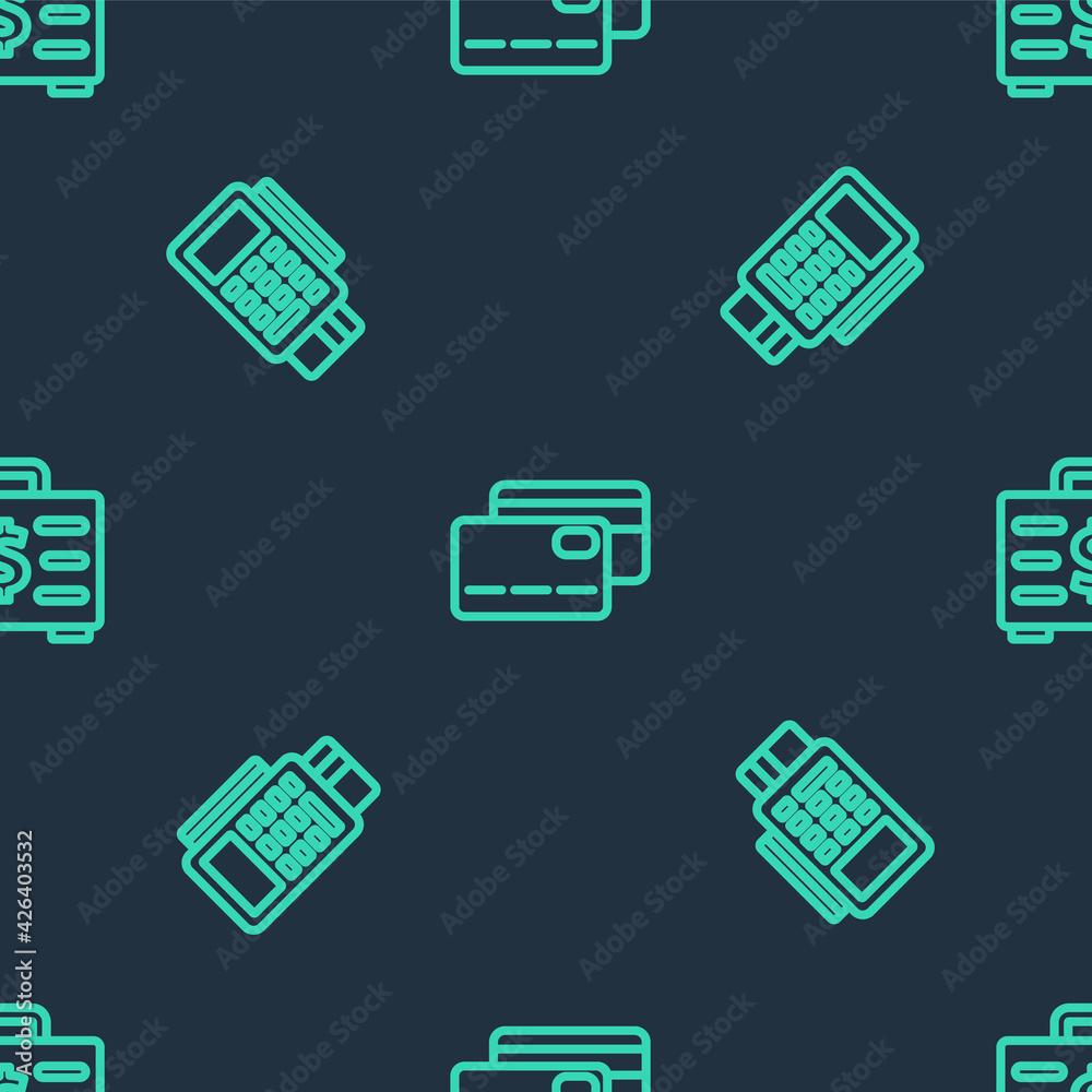 Set line Credit card, POS terminal with credit and Briefcase and money on seamless pattern. Vector Set line Credit card, POS terminal with credit and Briefcase and money on seamless pattern. Vector