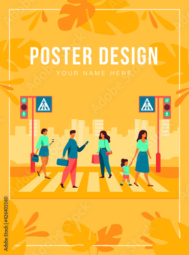 Cartoon pedestrians walking through crosswalk isolated flat vector illustration. People crossing avenue road. Modern lifestyle, traffic and cityscape concept