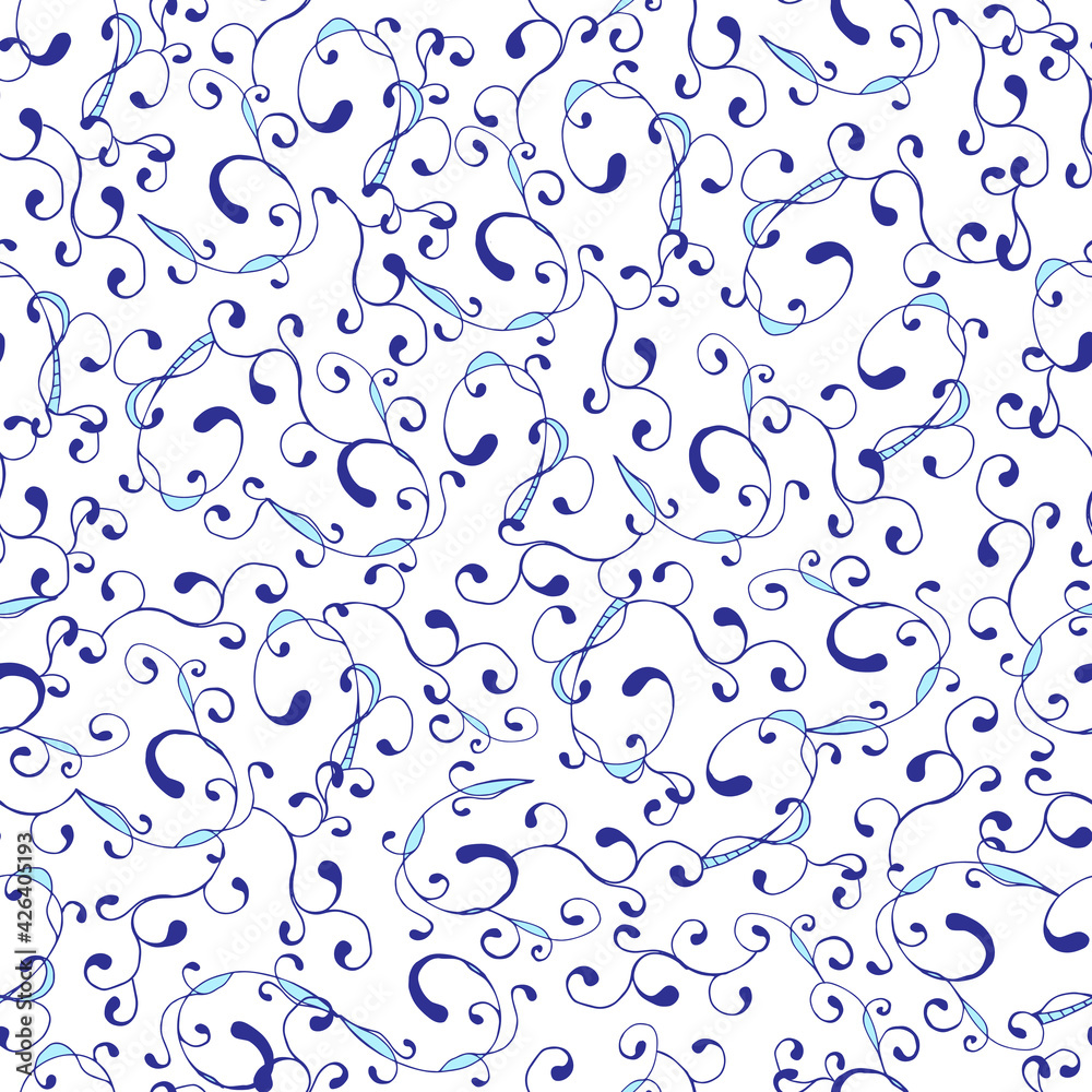 Seamless abstract pattern of curls in the French style. A chaotic blue and white pattern for fabric and tiles.