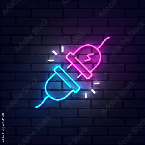 Plug disconnect neon sign, bright signboard, light banner. System error wire plug. Web page not found 404 neon sign. Vector illustration