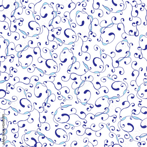 Seamless abstract pattern of curls in the French style. A chaotic blue and white pattern for fabric and tiles.