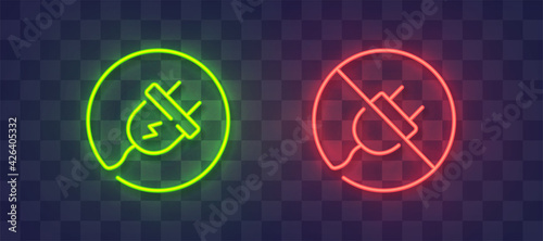 Connect and disconnect icon neon, bright signboard, light banner. Electric wire with plug neon sign. Vector illustration