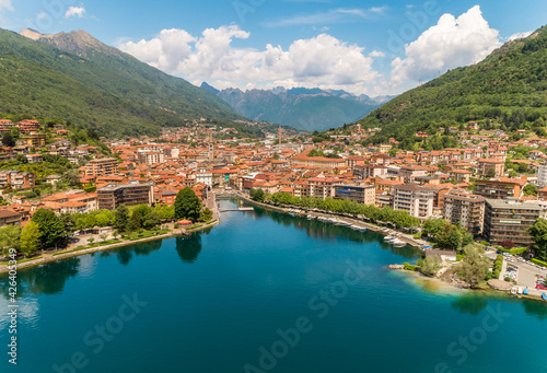 Aerial view of Omegna on the coast of Lake Orta in the province of Verbano-Cusio-Ossola, Piedmont, Italy