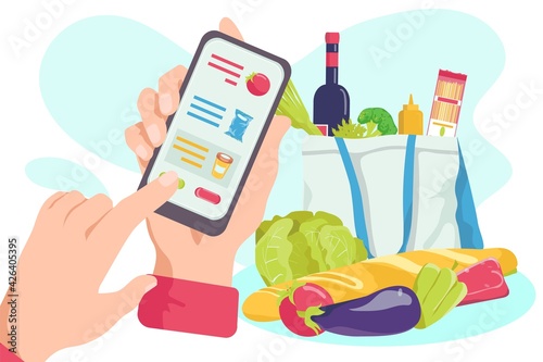 Buy food in online shop smartphone application, mobile technology, vector illustration. Flat internet app for making purchase in grocery