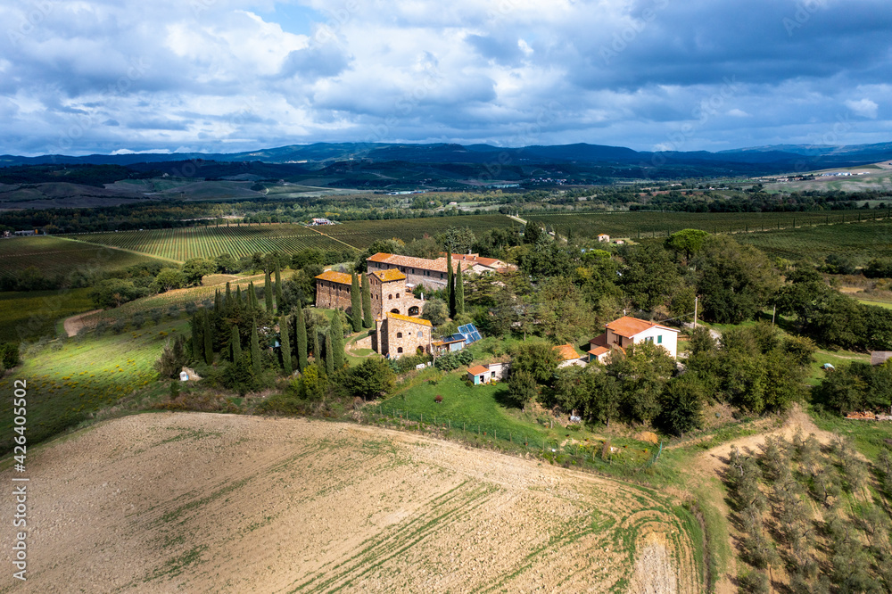 Aerial view, estate with olives and cypress trees, Cinigiano, Grosseto Province, Tuscany, Italy Aerial view, estate with olives and cypress trees, Cinigiano, Grosseto Province, Tuscany, Italy