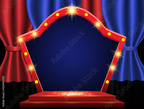 Background with curtain, podium and retro arch banner. Design for presentation, concert, show