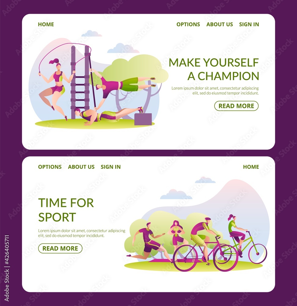 Sport outdoor, healthy man woman character lifestyle, landing banner. Make yourself champion, time for sport banner set concept.