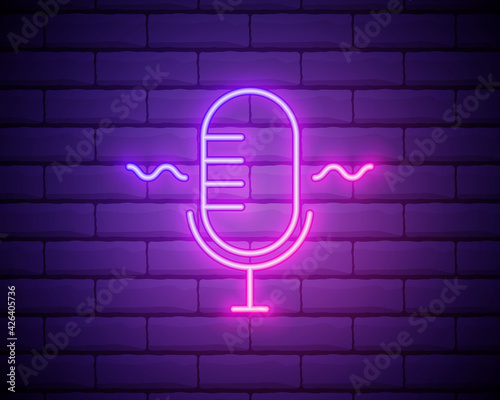 Podcast neon sign, bright signboard, light banner. Podcast logo neon, emblem and label. Vector illustration isolated on brick wall.