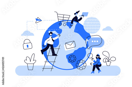 Earth globe with communicating people on white background