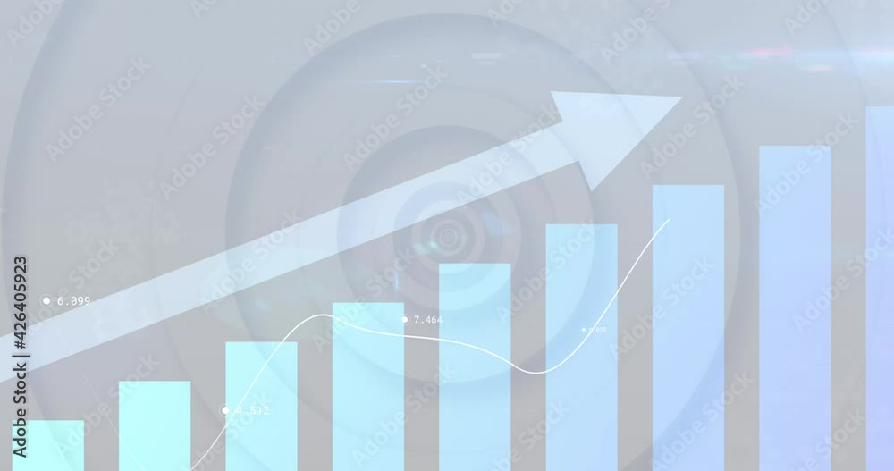 Digital animation of statistical data processing against concentric circles on white background