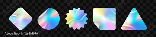 Holographic stickers. Hologram labels of different shapes. Sticker shapes for design mockups. Holographic textured stickers for preview tags, labels. Vector illustration