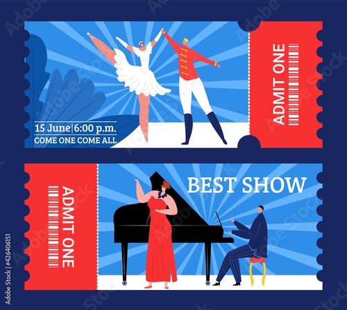 Theater tickets to best show, entertainment performance, vector illustration. Coupon design set for retro event, concert, admit one person.