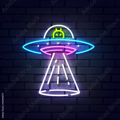 Aliens spaceship neon sign isolated, bright signboard. UFO logo neon, emblem. Vector illustration