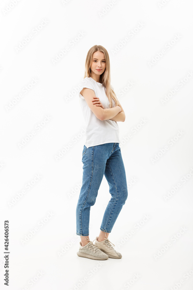 Beautiful Standing Woman Model Posing Isolated On A White Background Beautiful Standing Woman Model Posing Isolated On A White Background