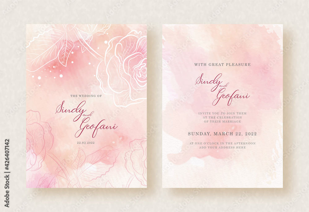 Splash peach watercolor with roses on wedding invitation