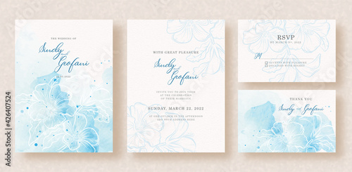 Splash blues watercolor with bloom flowers on wedding invitation