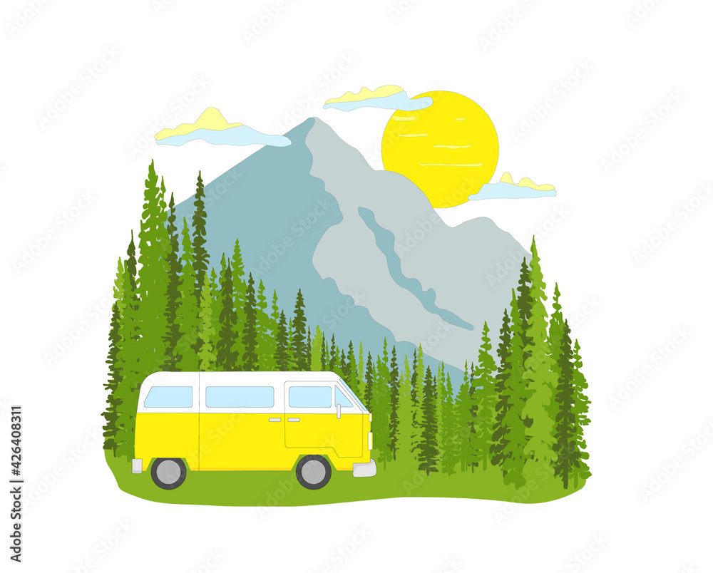 Yellow retro camper van with forest and mountains in the background. Living van life, camping in the nature, travelling. Light colors Illustration. 